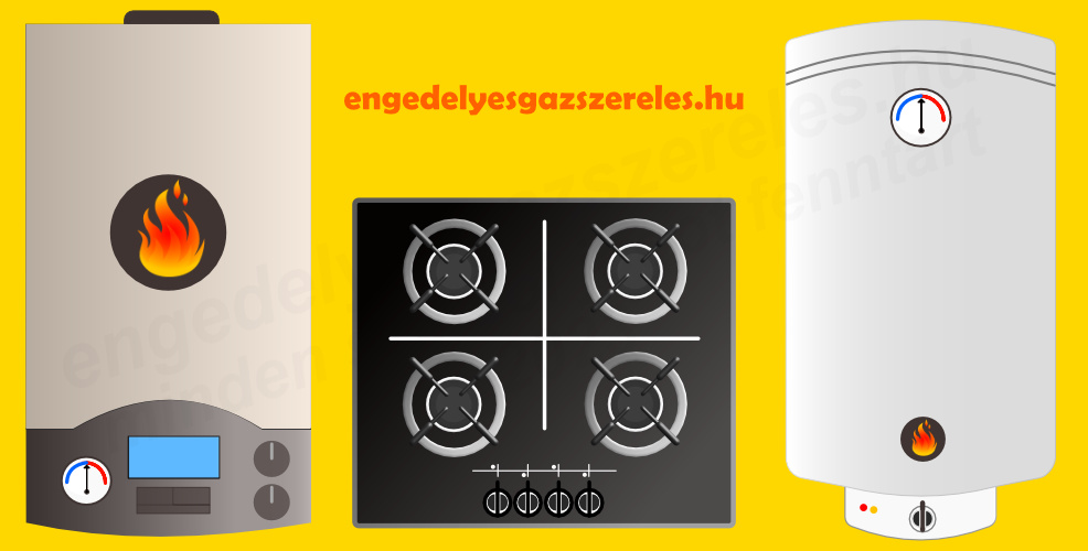 A képen olyan tipikus gázkészülékek láthatóak melyek szinte mindegyik olyan épületben megtalálhatóak, melyek csatlakoznak a közcélú gázvezeték hálózathoz. Ilyen készülék a gázbojler, átfolyós vízmelegítő, gáztűzhely és a gázüzemű hőtermelő készülékek.